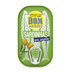 Green tin of sardines with 'Bom Petisco' branding on a white background