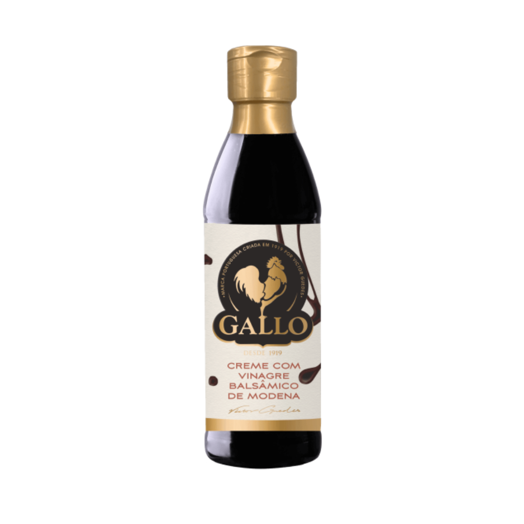 A bottle of Gallo Creamy Balsamic Vinegar with a label that shows the brand name and 'Creamy balsamic vinegar of Modena'. The bottle has a dark tint and a gold-colored cap.