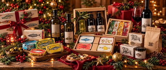 Festive Portuguese gourmet Christmas gifts with sardines, olive oil and holiday decorations