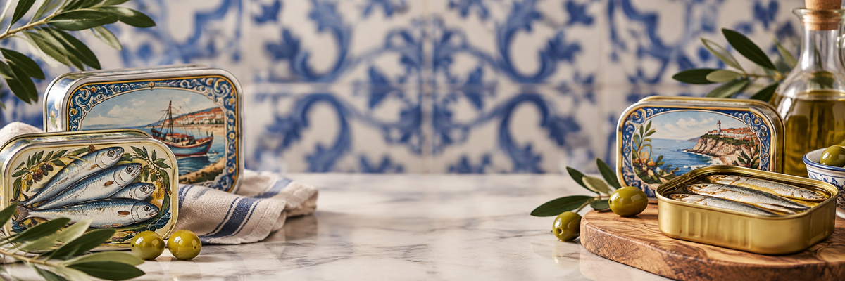 Portuguese sardines in olive oil with olive branches and traditional blue azulejo tiles