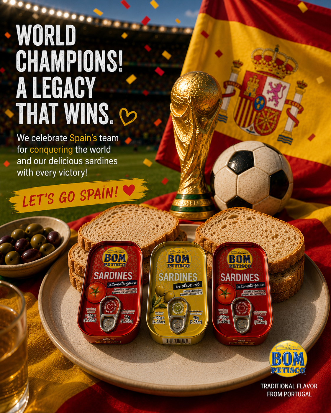 🏆🇪🇸 Bom Petisco portugāļu sardīņu degustācijas komplekts (3 x 120g) – Spānijas pasaules čempionu karoga izdevums