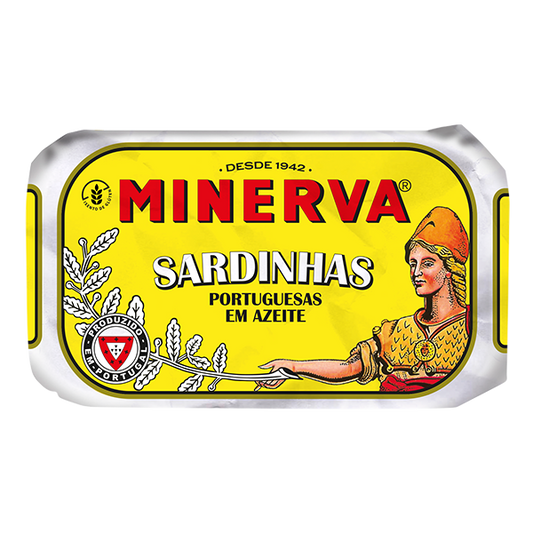Minerva sardine can label with a yellow background and Roman numeral design.