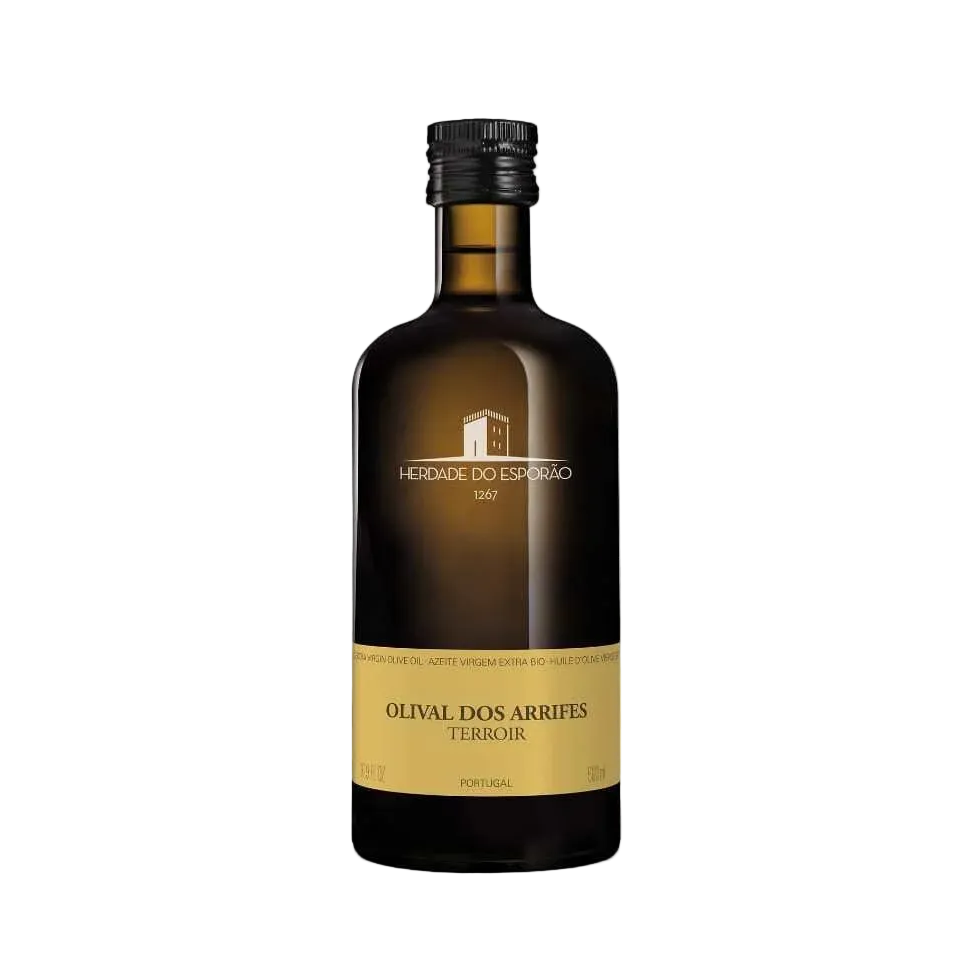 Bottle of olive oil with a visible label on a white background