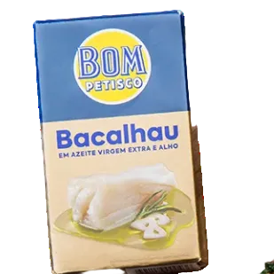 Bom Petisco bacalhau in extra virgin olive oil with garlic — front of tin